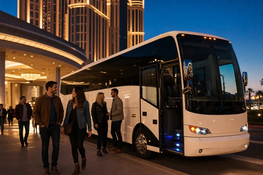 Tour group beside a motorcoach